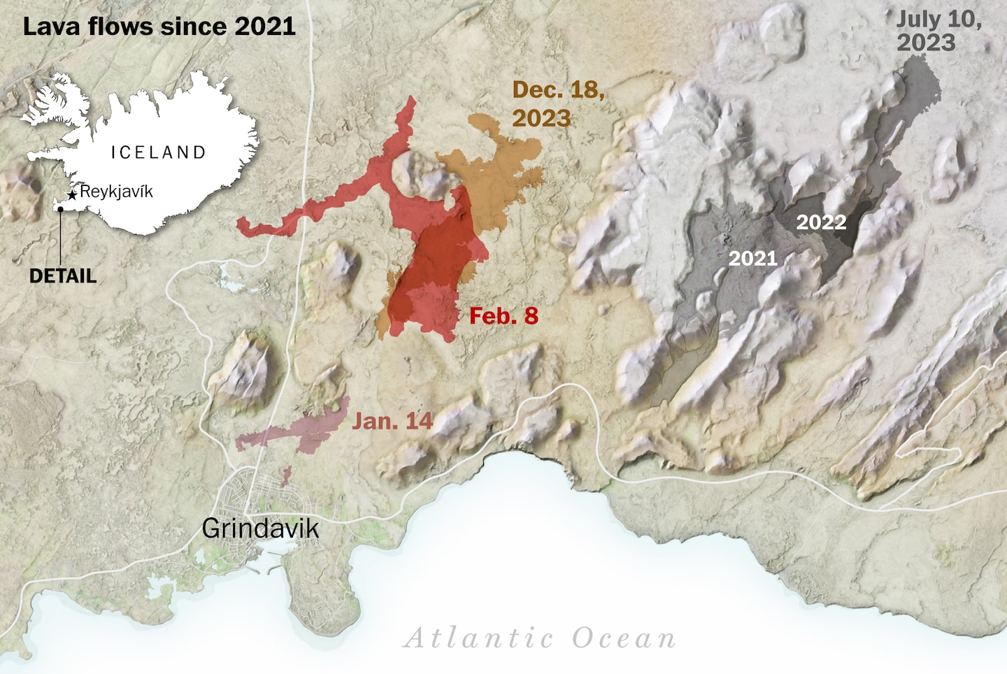 Maps of the the ongoing volcanic eruptions in Grindavik, Iceland