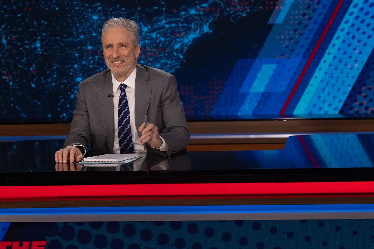 Jon Stewart mocks critics deeming his “Daily Show” return a “potential disaster for democracy”
